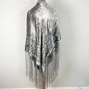 Adrienne Landau Gray Velvet Embroidered Fringe Wrap Shawl Women's